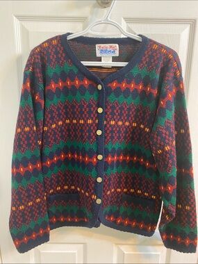 Vintage 90s Tally Ho Gold Button Multi Colour Cardigan Size XL Cottagecore Cabin